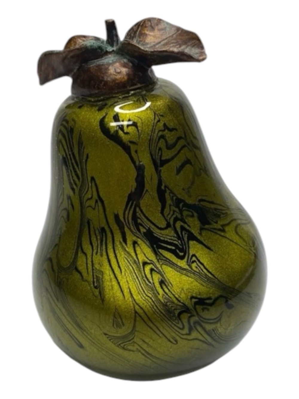 Vintage Handblown Glass Pear Paperweight Olive Green Swirl Bronze Metal Leaf Top